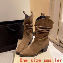 Western Style Buckle Thick Heel Ruched Slouch Boots, Women's Fashion Slip-On Pointed Toe Mid-Calf Boots, Stylish Cowgirl Boots, Brown - Brown - View 1