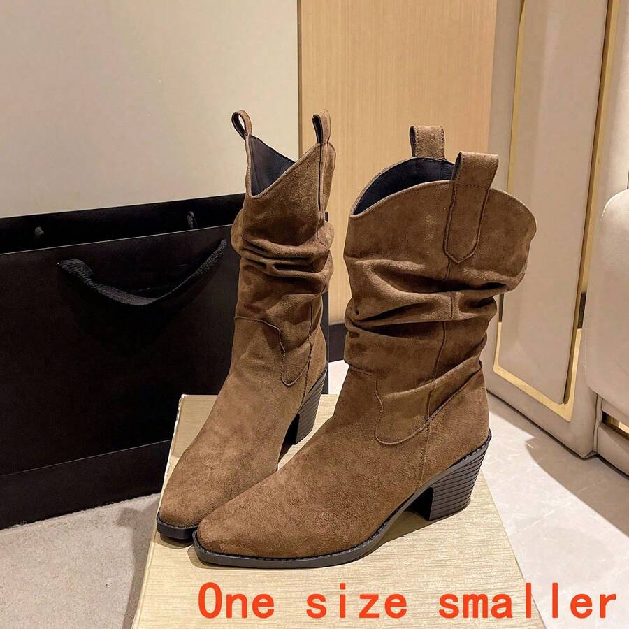 Western Style Buckle Thick Heel Ruched Slouch Boots, Women's Fashion Slip-On Pointed Toe Mid-Calf Boots, Stylish Cowgirl Boots, Brown - Brown - View 1