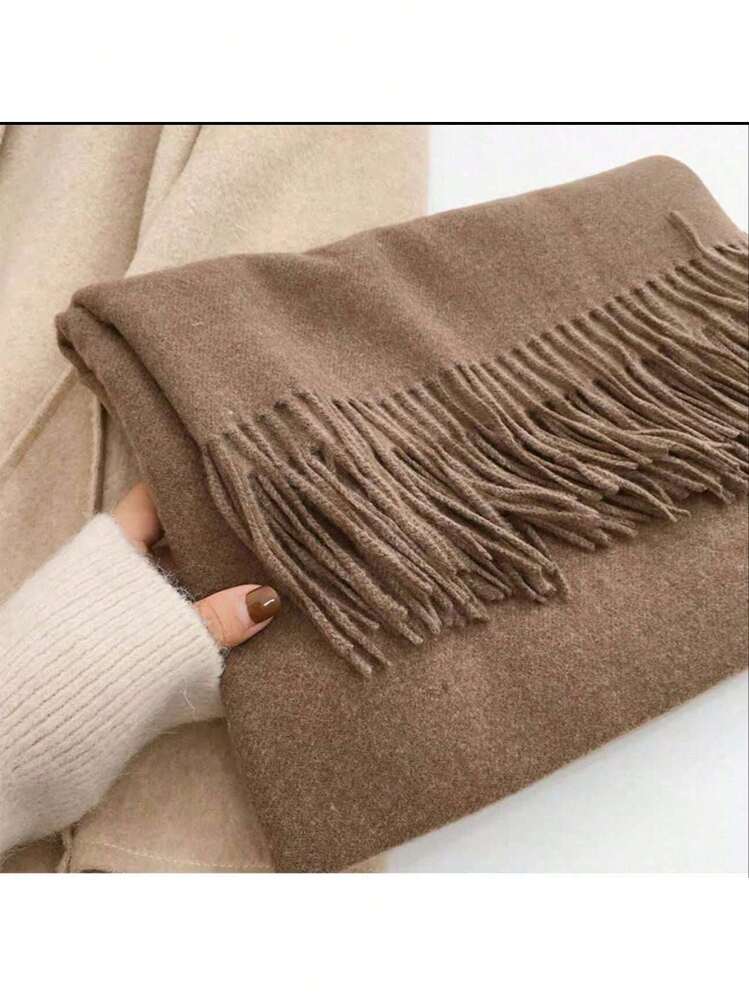Unisex Thick Warm Solid Fringe Trim Scarves200- 230g For Winter - Mocha Brown - View 4