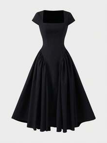 Elegant Casual Daily Commute Date Romantic Square Neck Dress - Black - View 7