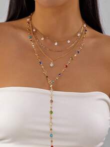 2pcs Street Style Ins Fashion Creative Colorful Bead Tassel Necklace Niche Colorful Y-Shaped Collarbone Chain Necklace Suitable For Party, Holiday, Gift For Friends And Family, Daily Wear - Gold - View 3
