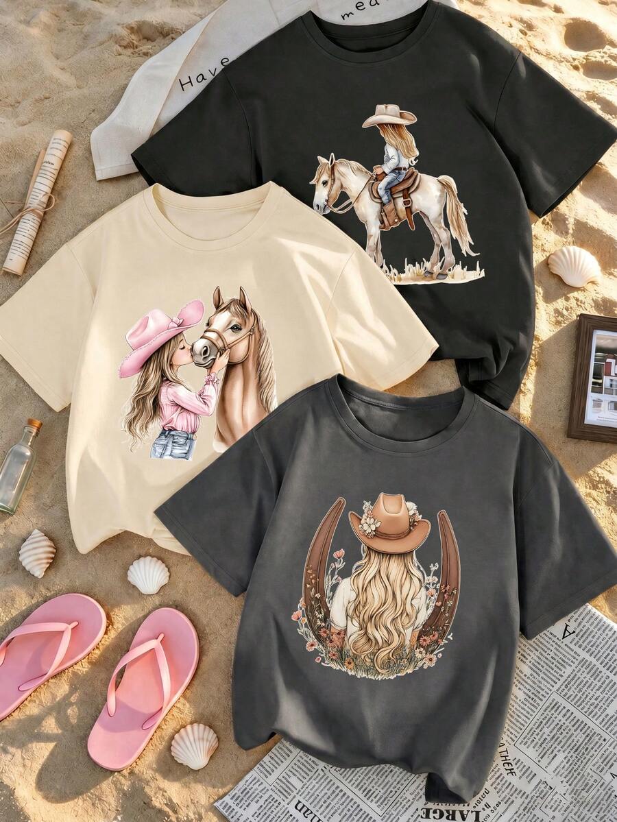 3 pièces/Set T-shirt à manches courtes col rond imprimé décontracté pour filles, vêtements d'été pour étudiants et jeunes enfants - Le T-shirt imprimé de jolis chevaux apporte joie et bonheur à chaque enfant !