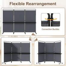 3-Panel Room Divider With Shelves 6 FT Tall Folding Privacy Screen With Lockable Wheels-Gray-XY106421 - FXCXQSJUXFPEX - View 8