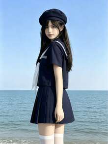 Kawaii 校園風水手領 Cosplay 制服，純海軍藍配蝴蝶結與百褶裙，3 件式 JK 水手服秋季款 - 藏青色 - 查看 4
