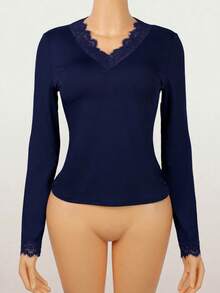 Women's Autumn Gothic Style Casual Colorblock Lace Long Sleeve Blouse - Navy Blue - View 4