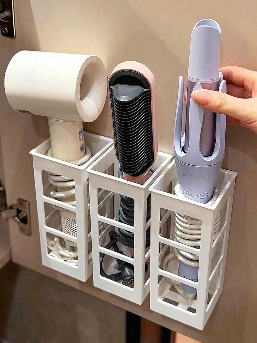 Wall-Mounted Hair Tool Storage Rack, No-Drill Curling Iron Straightener Comb Hair Dryer Storage Box, Bathroom Cabinet Door Built-In Shelf, Cord Organizer