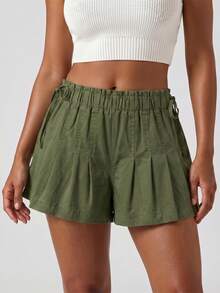 Womens Summer Denim Skorts Casual Loose Fit Stylish Pleated Solid Color Drawstring Elastic Mid Rise Shorts - Army Green - View 4
