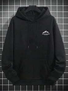 YUNTUO 男士極簡山脈印花連帽衛衣，寬鬆休閒抽繩袋鼠口袋套頭衫，街頭風，休閒，青春，極簡，校園，復古，百搭，質感，優雅，個性，運動 - 黑色 - 查看 2