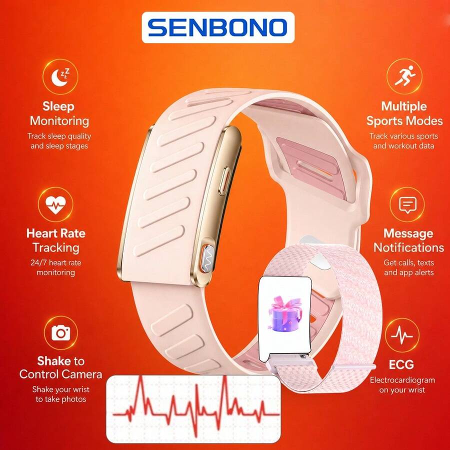 SENBONO EGC Smart Fitness Tracker Bracelet With Multiple Sport Modes, Heart Rate & Sleep Monitor, Message Notifications, Shake To Take Photo Remote Camera Control - View 1