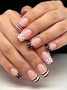 24pcs Medium Square Y2K Polka Dot Striped Geometric Pattern French Style Full Cover Fake Nails, Romantic Vibe, Suitable For Women And Girls, Summer Party, Office, Daily Wear, Includes 1 Adhesive Sheet And 1 Mini Nail File, Random Shipment - Multicolor - View 1