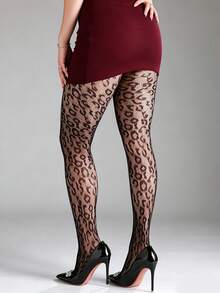1 Par de Meias-Calça de Rede com Estampa de Leopardo para Mulheres, Meias-Calça de Rede Elásticas com Curvas, Meias Pretas Sexy da Moda, Adequadas para Halloween, Dia dos Namorados e Diversos Looks de Feriados, Versátil Y2K - Preto - Visão 4