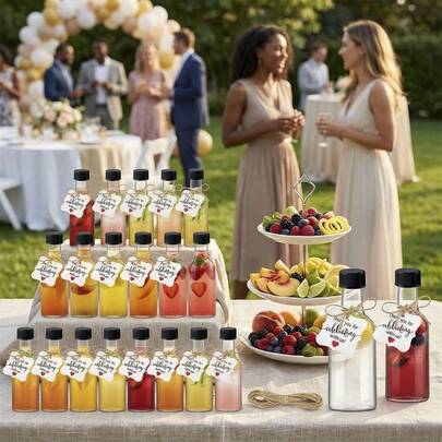 29pcs/5pcs 25ml/50ml Plastic Travel Bottles, Small Clear Bottles, Tiny Beverage Bottles For Outdoor Camping. Comes With Funnels,Tags & Twines, And With Black And White Plastic Caps, For Celebrations, Alpine Picnics,Gatherings,Birthday,Weddings