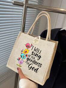 Women's Mini Handbag, Poem Print Bird Pattern Closure Tote Bag - Suitable For Church, Daily Commute, Easter Gift - Multicolor - View 5