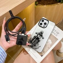 6pcs Set Integrated Colorful Silver Black Cartoon Motorcycle Pattern Phone Case + Charger Head Cover + Cable Protector + Storage Rope + Data Cable Protector Wrap Rope TPU Shockproof Protective Shell Apple Phone Case Compatible With Apple 6 7 8 XXs XR XS Max 11 12 13 14 15 16 Pro Max Suitable As Birthday And Christmas Gift For Couples, Women, Daughters, Boyfriends, Girlfriends, Teenage Girls - Multicolor - View 3