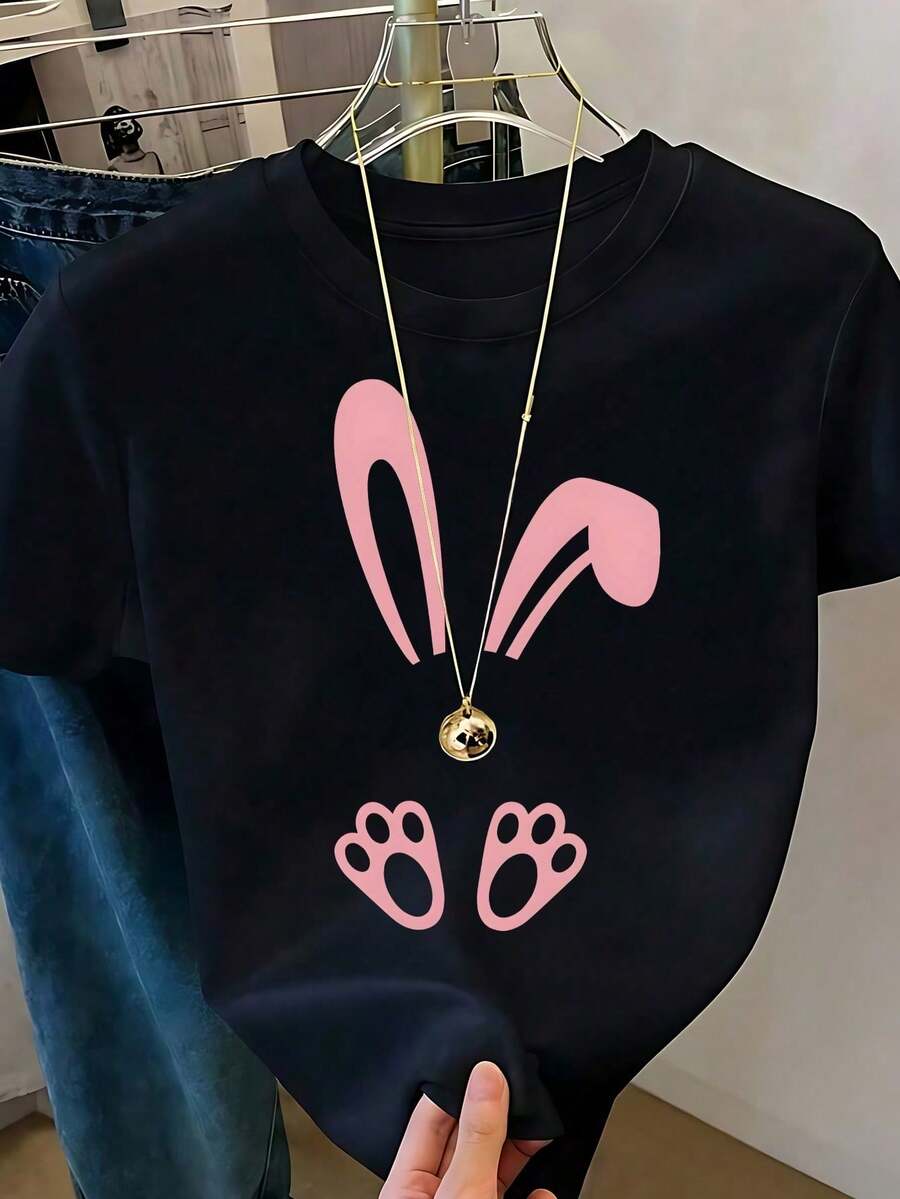 Women's White T-Shirt With Rabbit Ears And Paws In Leopard Print, Fashionable Animal Print T-Shirt, Casual Summer Blouse With Cute Bunny Design, Aesthetic And Fun Top - 鏽棕色 - 查看 1