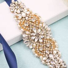 1pc Rhinestone Handmade Bridal Belt - Gold Applique+Navy Blue Ribbons - View 2