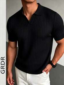 GRDR Men's Summer Airplane Collar Ribbed Solid Color Short Sleeve Knit Sweater, Suitable For Summer Outings, Essential For Fashionable Styling - Black - View 6