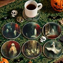 6pcs PET Coasters, Halloween Elements, Ghost Pattern Design Heat-Resistant Coasters, Hand Washable, Budget-Friendly, Suitable For Event And Party Decoration, Table Centerpiece, Halloween, Christmas, Thanksgiving Holiday Decor - PET Coaster - 1822 - View 6