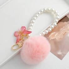 1Pc Pink Fluffy Ball Zinc Alloy Keychain, With Pearl Chain & Flower Charm, Backpack & School Bag Decor For Students - Multicolor - View 7
