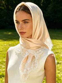 1pc Luxury Satin Headscarf With Exquisite Lace Trim, Silky Muslim Hijab, Suitable For Formal Occasions, Weddings And Daily Wear - Champagne - View 3