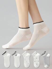 ZUJO 5 Pairs Women's Black And White Polka Dot, Bow And Striped Pattern Short Socks, Simple And Comfortable, Suitable For Spring, Autumn And Summer - View 2