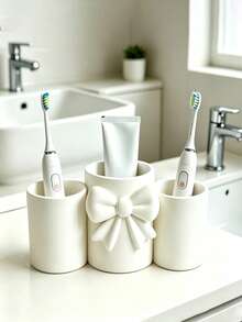 1pc 3-Slot Bowknot Toothbrush Holder, Makeup Brush Storage Rack, Bathroom Storage Box, Cotton Swab/Toothpick Organizer, Electric Toothbrush And Toothpaste Bathroom Organizer, Home Countertop Storage Cup, Decorative Ornament, Home Decor - Multicolor - View 4
