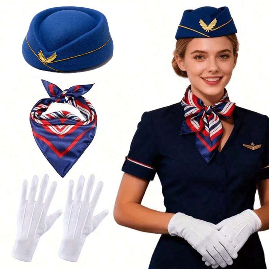 5件組空服員配件套裝，適合搭配夏季空服員制服，可用於派對及其他場合，包含空服員帽子、手套、圍巾和胸針。亦適用於舞蹈、音樂節和節日活動。空服員制服帽子配件組 空服員角色扮演 Cosplay 服裝道具 - 彩色 - 查看 1