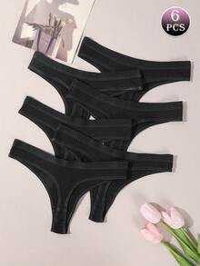 6pcs/Set Ribbed Comfortable G-String T-Back Seamless Thong Panties, Sexy Comfortable Triangle Briefs For Women - Black - View 4