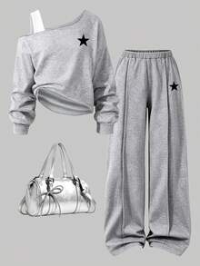 Youth Girl Cartoon Print Round Neck Asymmetrical Shoulder Long Sleeve Top And Pants - Grey - View 1