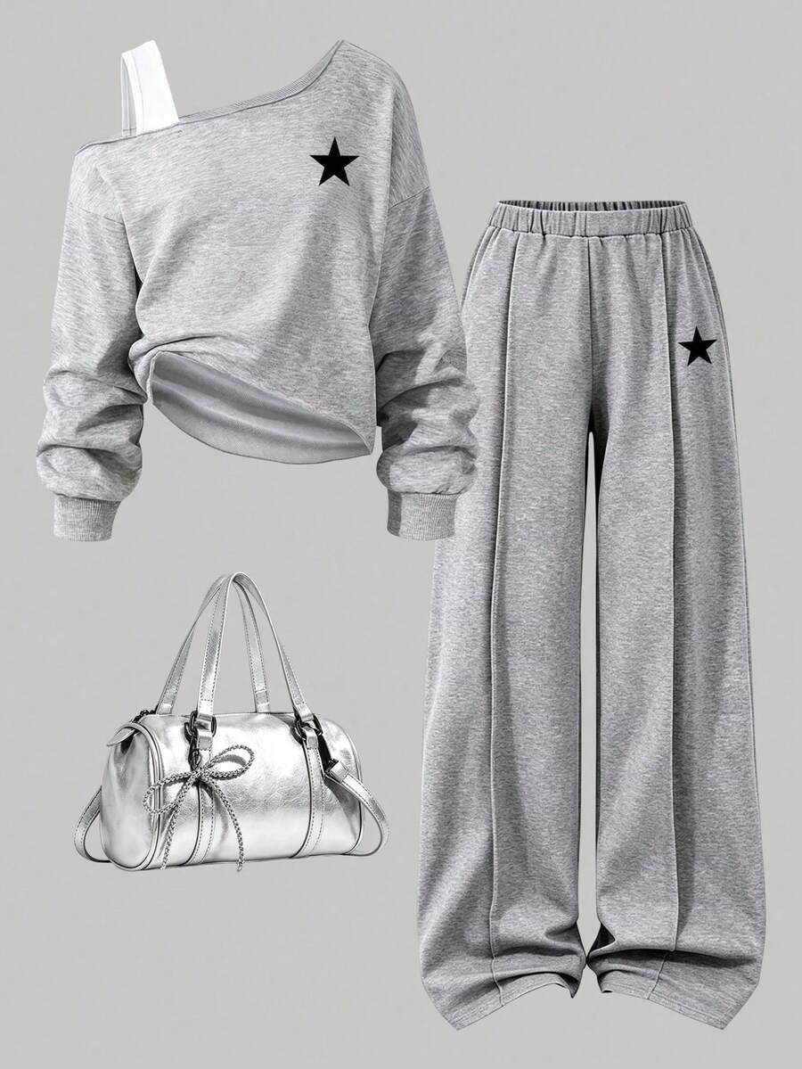 Youth Girl Cartoon Print Round Neck Asymmetrical Shoulder Long Sleeve Top And Pants - Grey - View 1