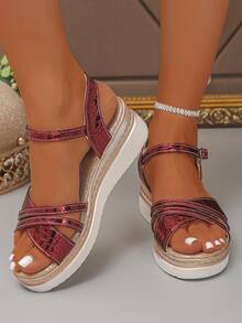Sandalias de cuña y plataforma para mujer, unicolor, para playa y vacaciones, con hebilla, punta abierta, cómodas y de aumento de altura, nuevo estilo de verano - Burdeos - Ver 6