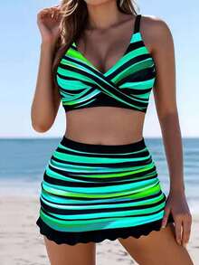 Pieces: Top With Crisscross Straps, High-Waisted Bottoms, And A Swim Skirt. Neon Striped Padded Swimsuit, Suitable For Summer Beach, New Year's, And Valentine's Day Vacations. - 綠色 - 查看 1
