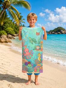 1pc Ocean Creature Octopus, Coral, Sea Turtle Design Kids Beach Towel, Super Absorbent Oversized Beach Blanket, Suitable For Beach, Pool, Travel, Camping, Yoga - Multicolor - View 9