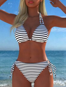 Conjunto de bikini sexy con tirantes halter a rayas para mujer, traje de baño con lazos laterales, traje de baño casual para playa, nueva llegada, atuendos para festival, verano, vacaciones y viajes - Multicolor - Ver 4