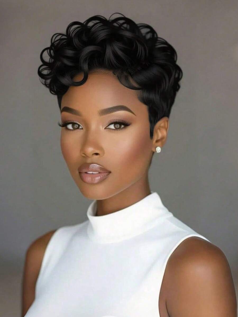Fashionable Loose Wave Brazilian Pixie Cut Short Wig For Women, High Density 150% Lace Front Curly Bangs Wig Suitable For Party And Daily Wear