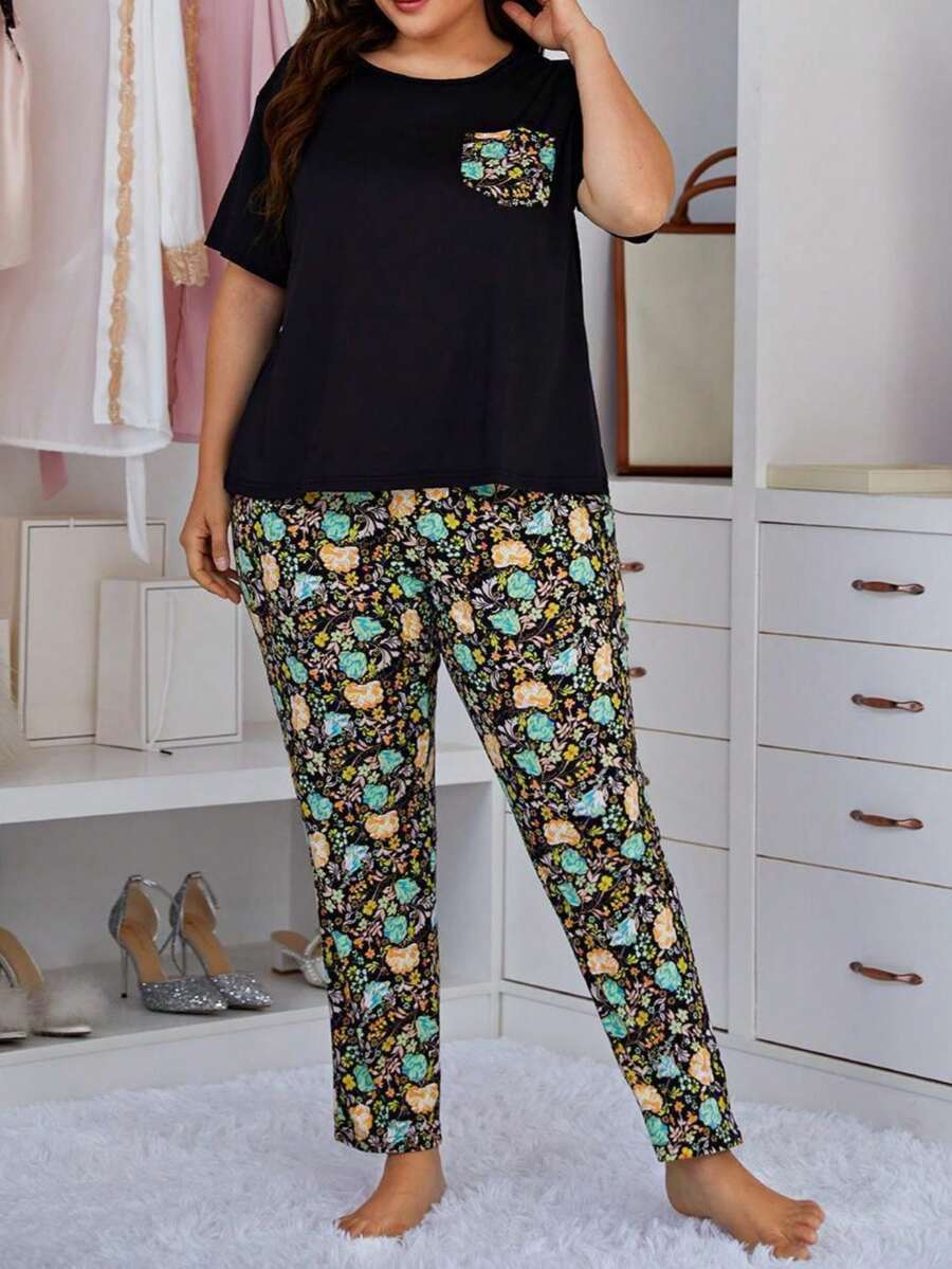 Plus Size Women's Casual Comfortable Short Sleeve Long Pants Pajama Set - Black - View 1