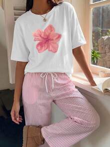 女款夏季花卉印花圓領短袖T恤與條紋長褲套裝，豹紋、波點、格紋，優雅，日度假風 - 白色+粉紅白豎條 - 查看 3