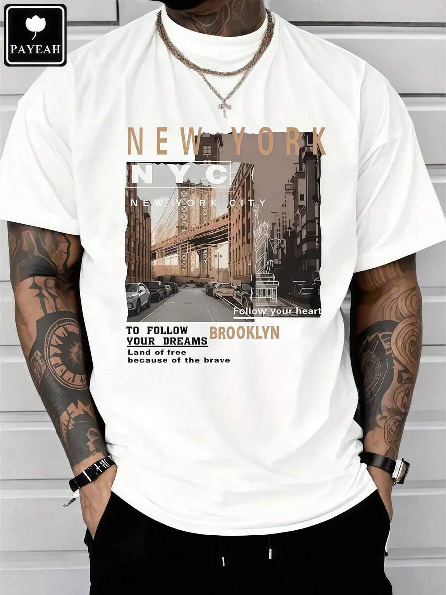 T-shirt graphique pour homme, motif paysage urbain de Brooklyn, New York, imprimé vintage, coupe ample, manches courtes, décontracté, style rétro urbain, streetwear estival quotidien. - Blanc - Voir 1