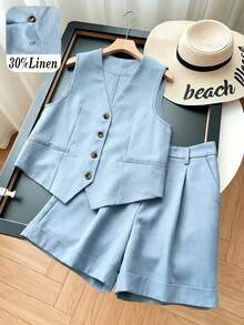 Conjunto de blazer sin mangas con botones frontales y pantalones cortos holgados con bolsillos y dobladillo enrollado, de mezcla de lino, para uso casual y de viaje, para mujer - Celeste - Ver 2