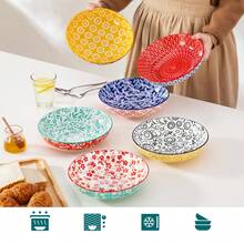 vancasso 6 Piece Porcelain Pasta Bowl Set, Multicolor, Ceramic Bowl For 6 Person, Ceramic Decal, 6 Different Patterns, 1200ml - 彩色 - 查看 4