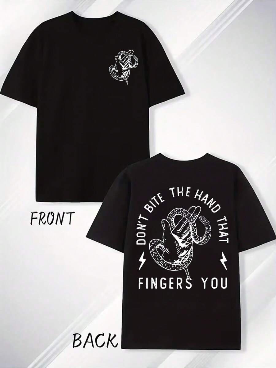 Black T-Shirt With A Graphic Design Of A Snake Holding Another Snake And The Phrase "Don't Bite The Hand That Feeds You." Casual Wear. - 黑色 - 查看 1