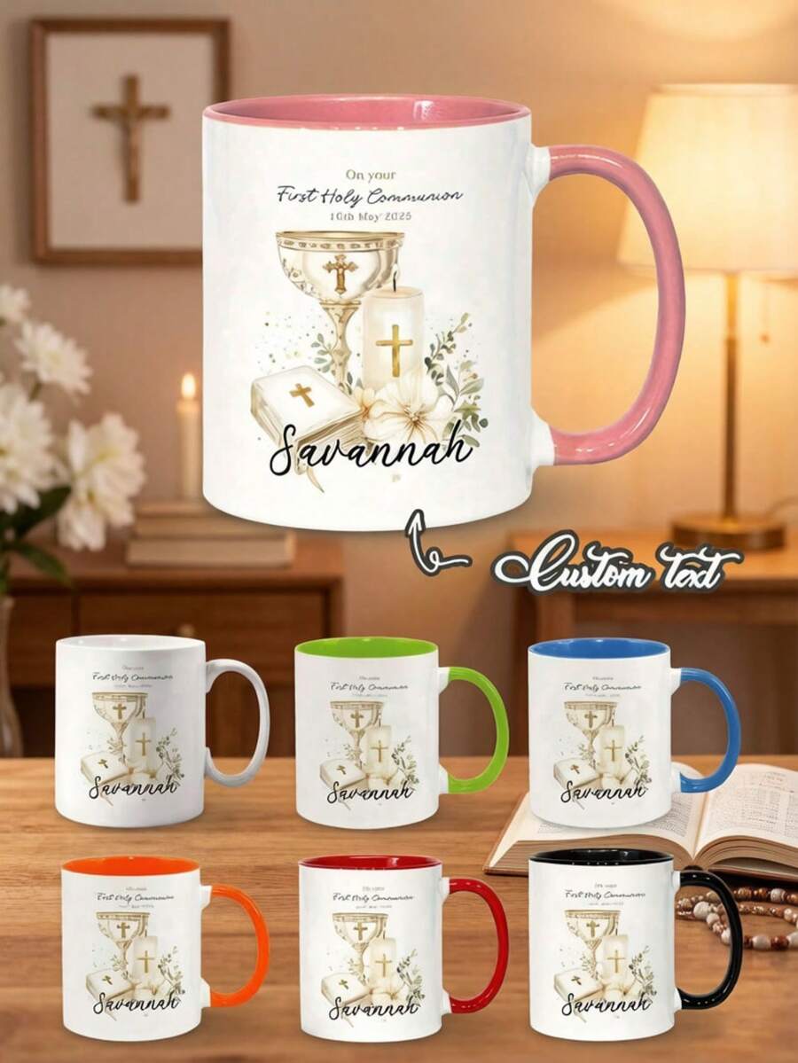 Customized Personalized Text Religious Communion Mug, White Ceramic Communion Coffee Cup, Religious Theme, Unisex Unique Gift, Thanksgiving Gift, Holiday Gift, Religious Theme Mug - Multicolor - View 1