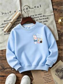 Young Boys Milk Cookie Print Crew Neck Sweatshirt, Light Blue Pullover, Suitable For School, Back To School, Autumn, Winter Wear - Baby Blue - View 2