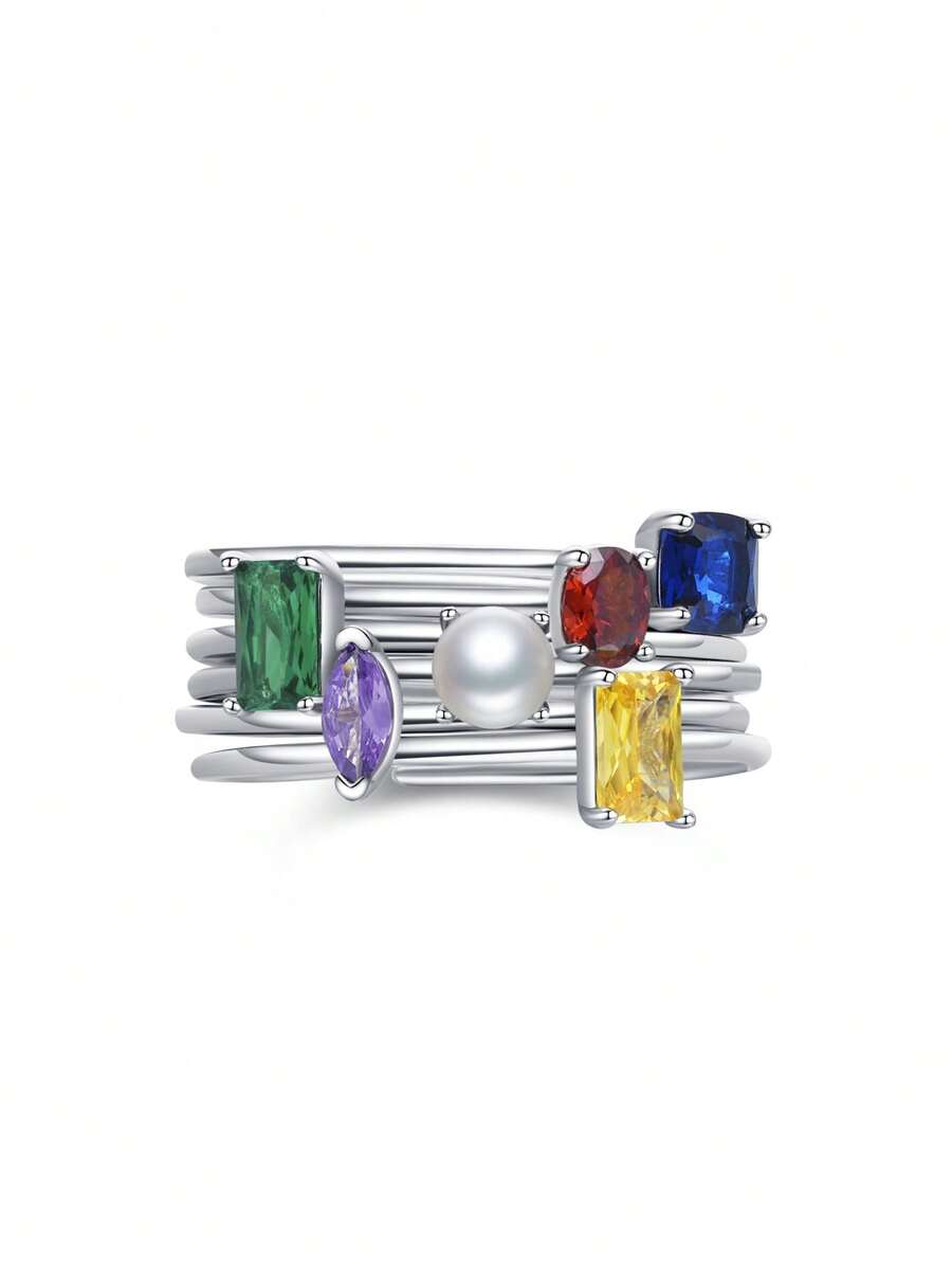 1pc 925 Sterling Silver 12-Month Colorful Birthstone Stackable Adjustable Open Ring, Exquisite Jewelry Birthday Gift For Women - Silver - View 1