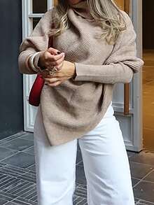 Women's Ribbed V-Neck Long Sleeve Knit Top, Medium Stretch, Suitable For Casual Wear In Autumn And Spring - Khaki - View 5