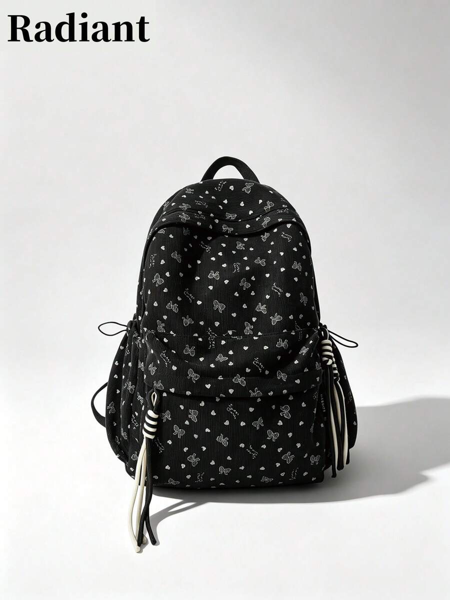 Women's Backpack | Corduroy Bow & Heart Print Casual Daily Bag, Drawstring Pocket Design Multifunctional Backpack, Suitable For Daily School Travel All Seasons