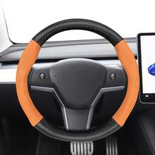 Hocasen 碳纤维纹理皮革和透气PU皮革方向盘套,适用于特斯拉Model S/Model 3/Model Y/Model X/Model Y L及其他车型,颜色可选:黑色、酒红色、摩卡色、橙色 - Perforated Steering Wheel Cover - 查看 36