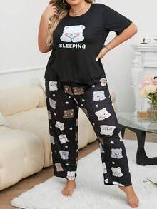Plus Size Casual Comfortable Cartoon Print Short Sleeve & Long Pants Women's Loungewear 2 Pieces Pajama Set - Black - View 5