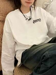 女款春夏秋冬極簡百搭拼色字母愛心雙面印花休閒長袖T恤，韓版寬鬆慵懶日常街頭通勤羅紋中性圓領長袖上衣 - 白色 - 查看 4