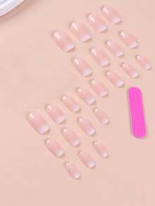 24pcs French Short Square False Nails, Minimalist Contrast Color & Cute Patterns, Includes Nail File And Jelly Glue Stickers, Nail Art Supplies - Dusty Pink - View 3